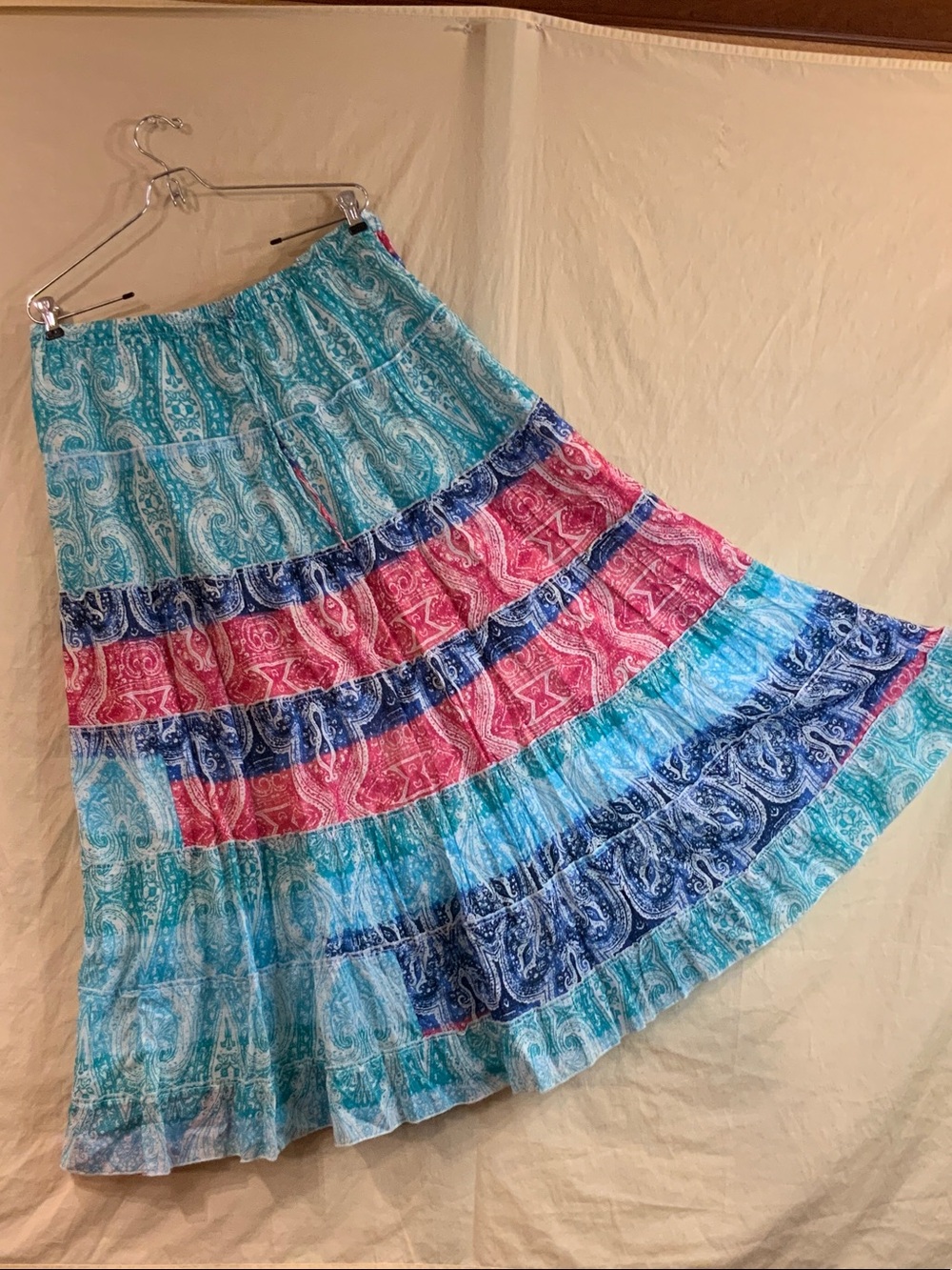 Kim Rogers Turquoise Navy Coral Tiered Paisley Maxi Skirt
